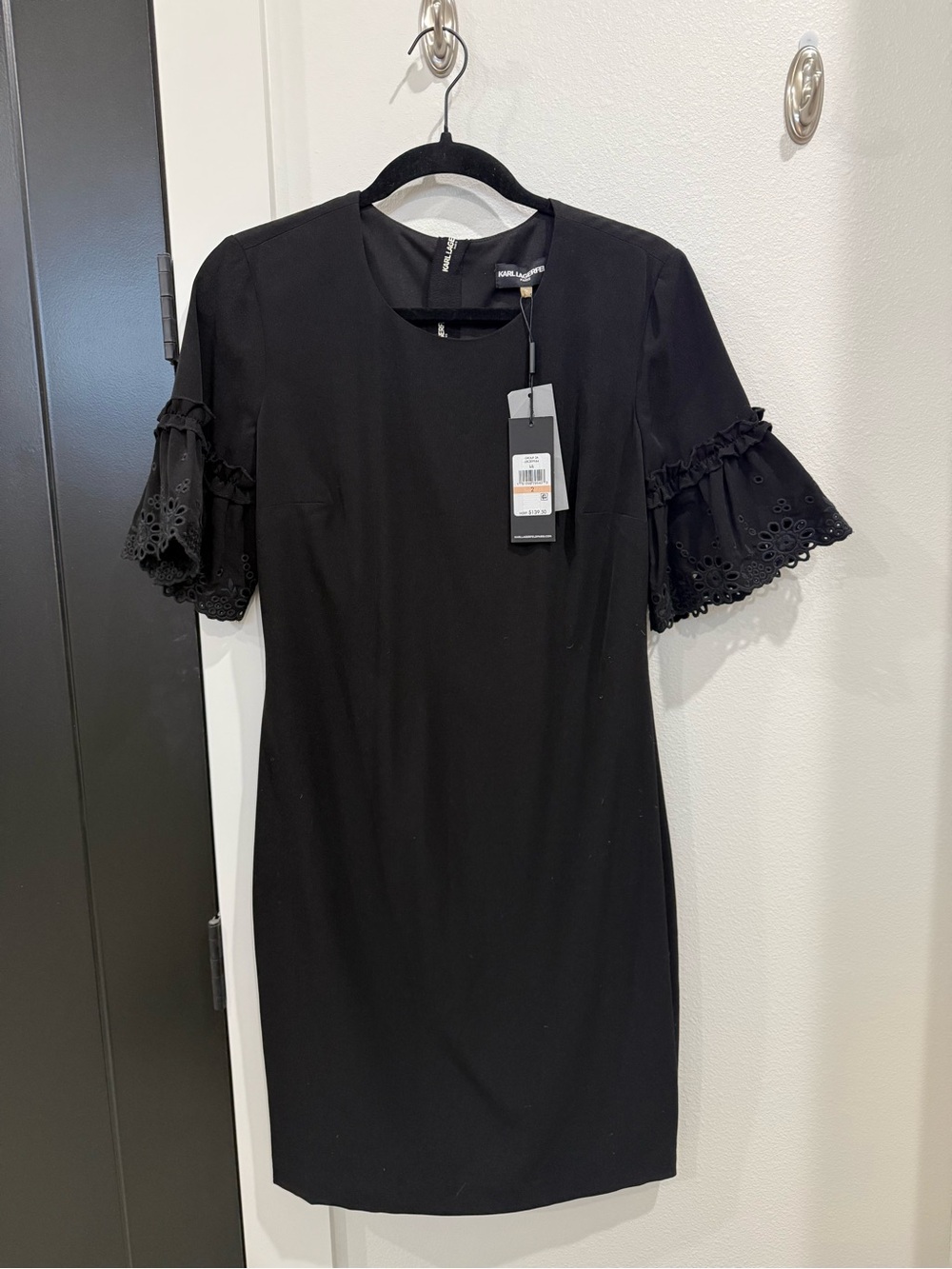 Karl Lagerfeld Black Midi Dress with Eyelet Ruffle Sleeves